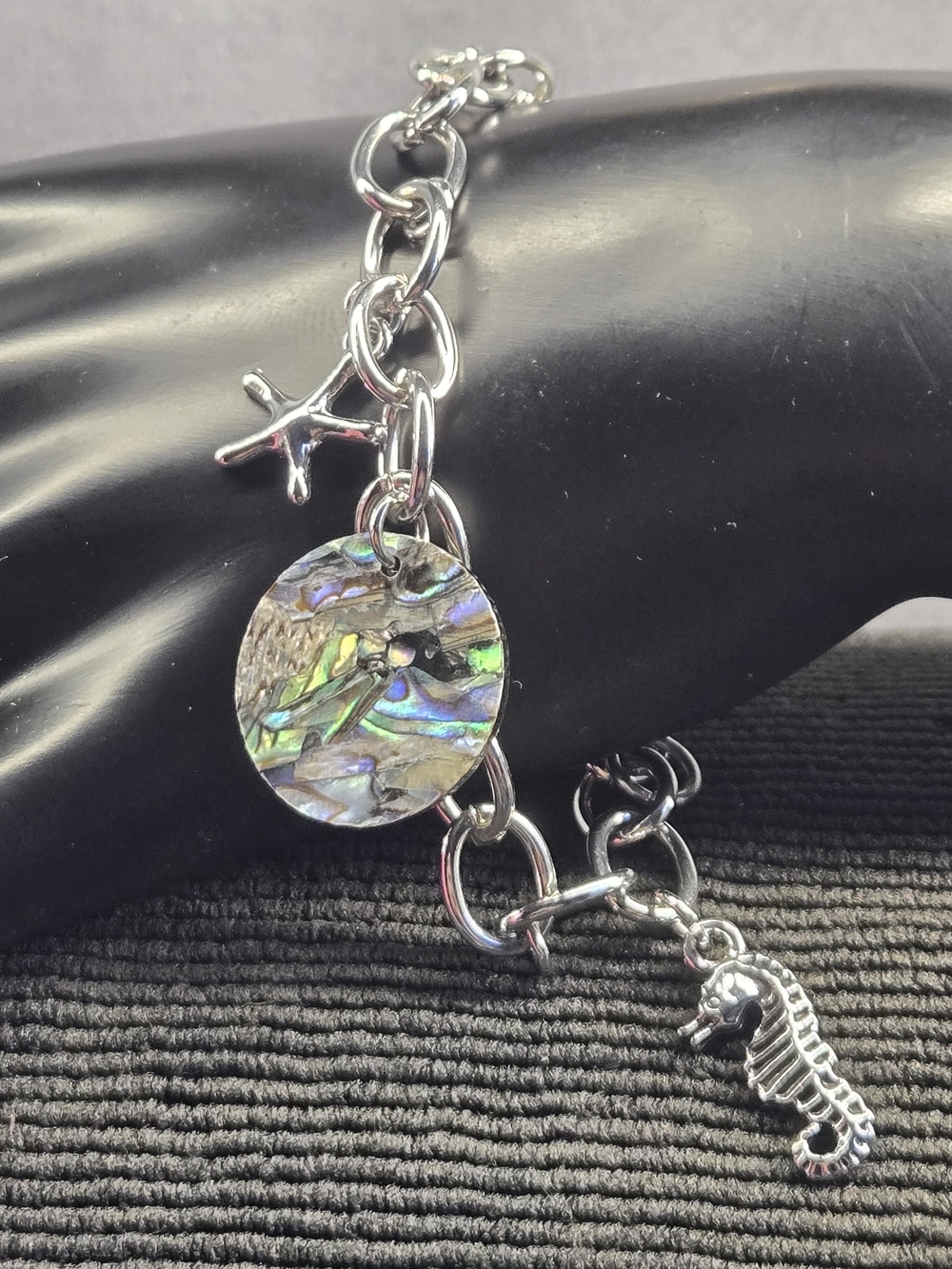 Silver Charm Bracelet with Iridescent Abalone Disc
